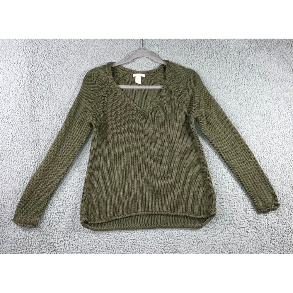 H&M Loose Knit Sweater Women Small Olive Green V Neck Neutral Casual Academia